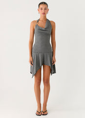 Bad Alive Halter Hanky Mini Dress - Grey Marle Stripe