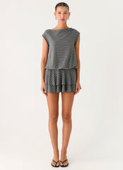 Bambola Wide Neck Mini Dress - Grey Marle Stripe