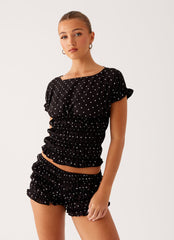 Girls Like Us Ruched Mini Shorts - Black Polka Dot