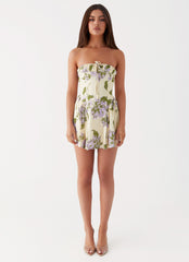 Pardon My French Linen Mini Dress - Yellow Purple Floral