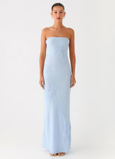 Sassafras Beaded Flower Strapless Maxi Dress - Blue