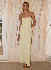 Sassafras Beaded Flower Strapless Maxi Dress - Yellow