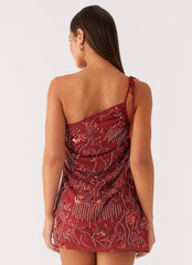 Temptational Beaded One Shoulder Mini Dress - Rust