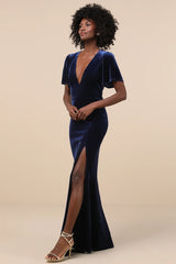 Elegant Evenings Navy Velvet Flutter Sleeve Trumpet Maxi Dress
