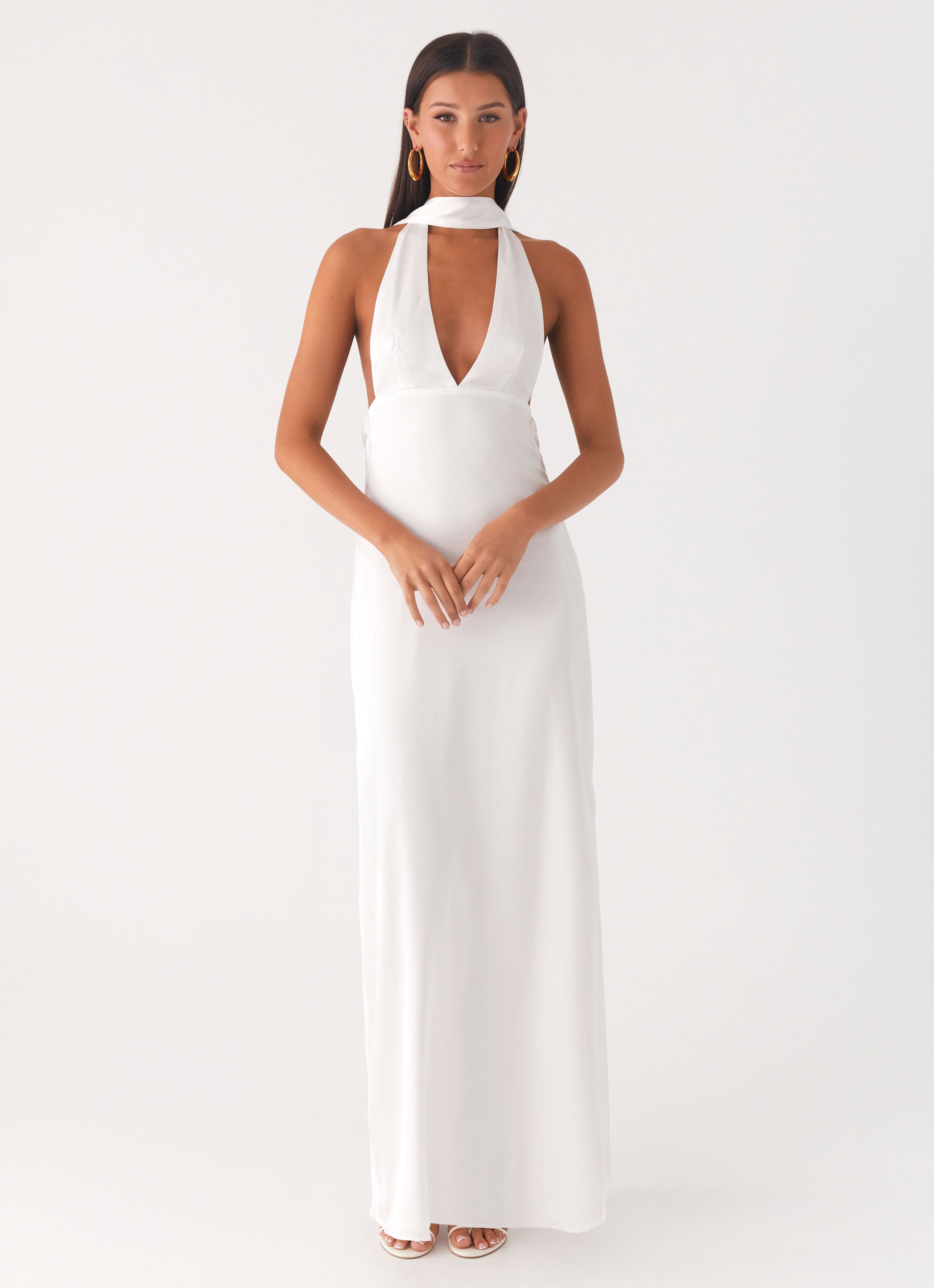 Alicia Satin Halter Maxi Dress - White