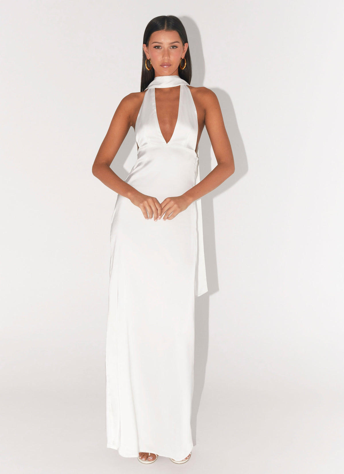 Alicia Satin Halter Maxi Dress - White