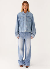 Back Again Oversized Denim Jacket - Light Wash Blue