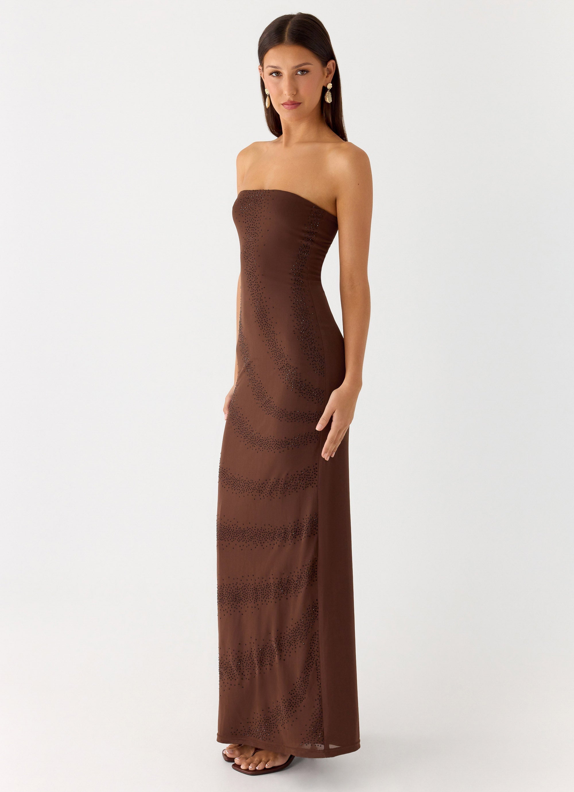 Belisse Beaded Mesh Maxi Dress - Chocolate