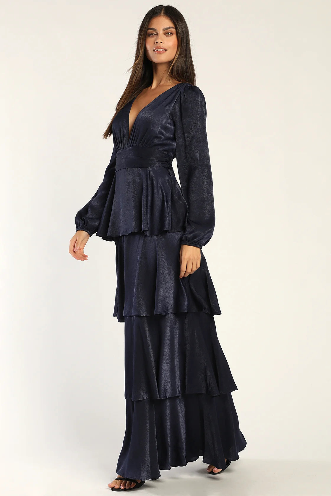 Tier For Love Navy Blue Satin Long Sleeve Tiered Maxi Dress