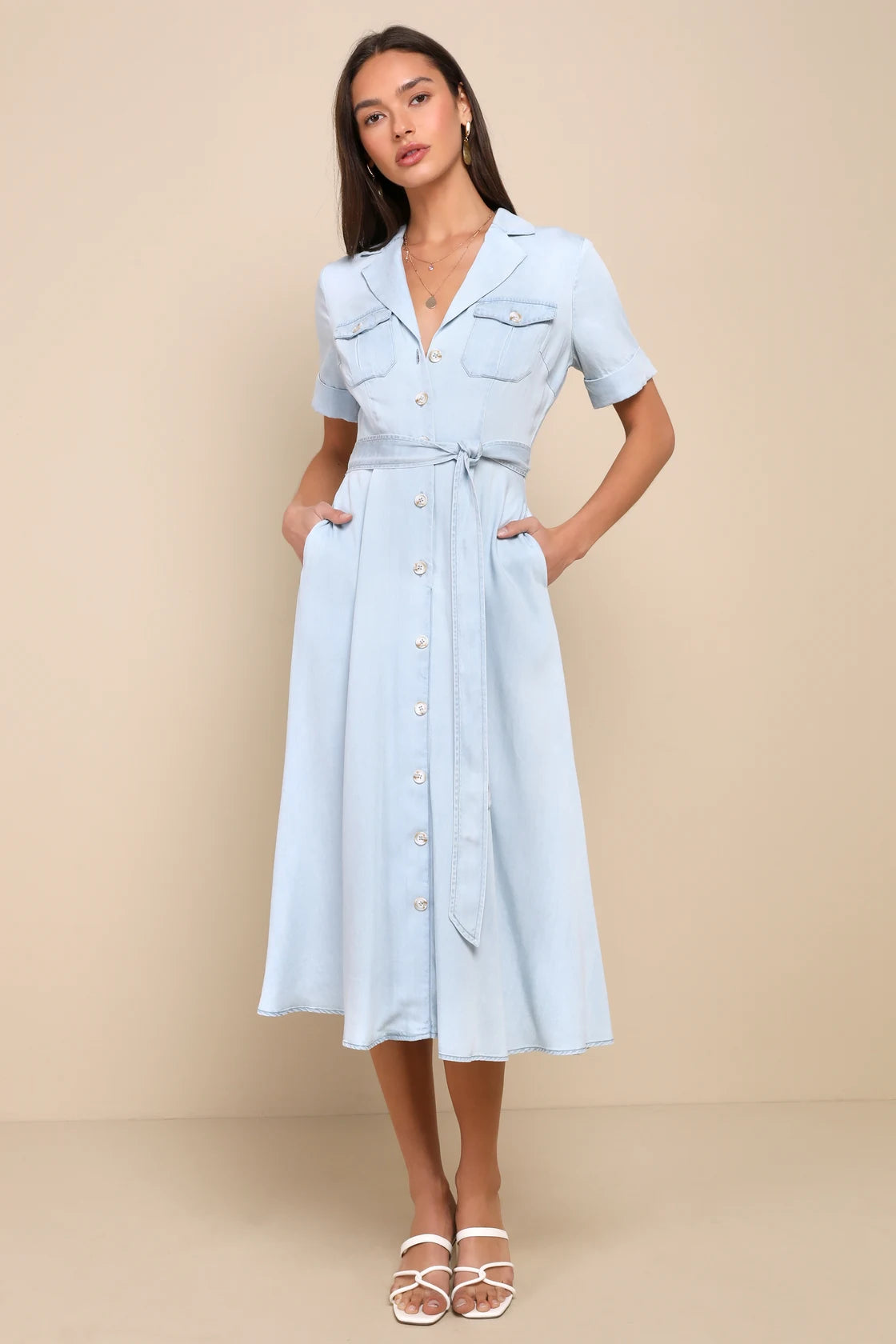 Pleasant Cutie Blue Chambray Collared Midi Dress With Pockets