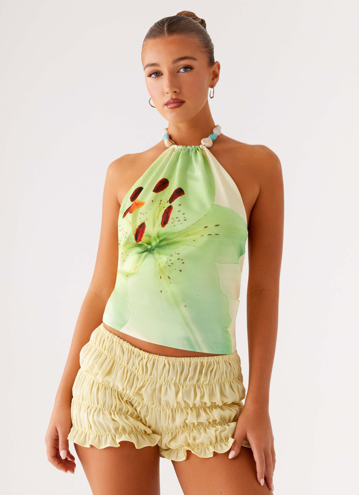 Dalila Beaded Tie Back Top - Yellow Floral