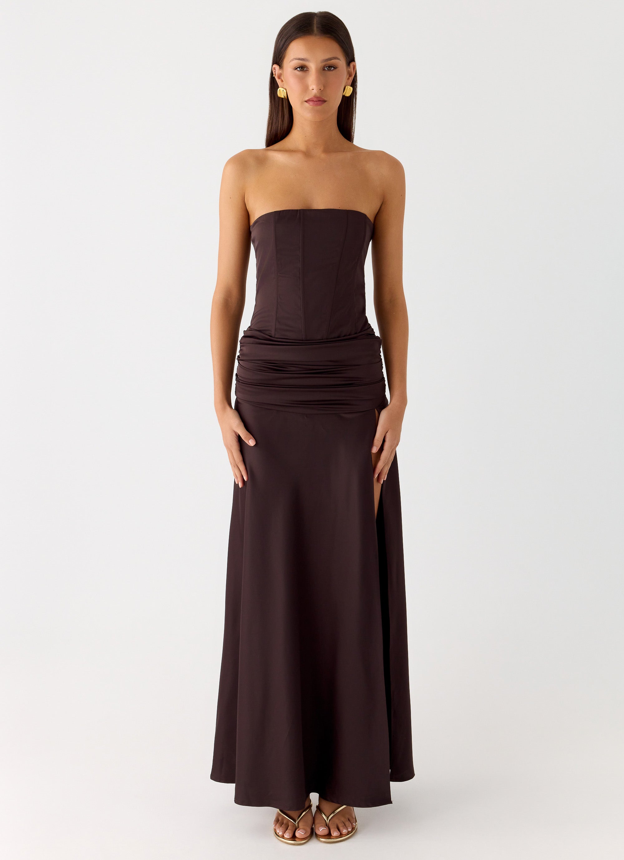 Darana Corset Satin Maxi Dress - Chocolate