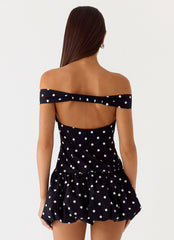 Endless Romance Off Shoulder Mini Dress - Black Polkadot