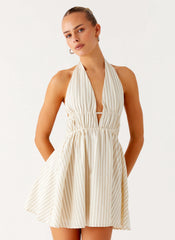 Figaro Halter Mini Dress - Taupe Stripe