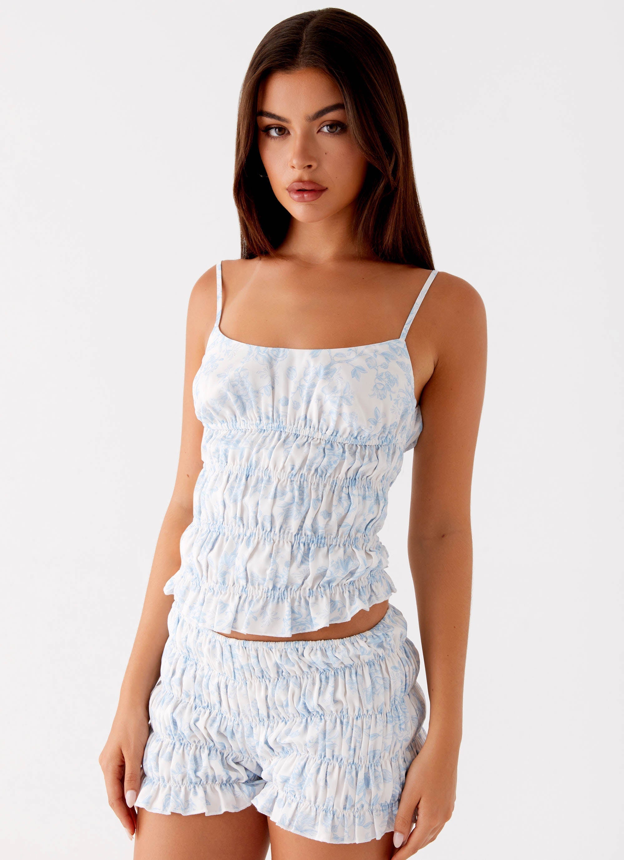 Girls Like Us Ruched Mini Shorts - Blue Floral