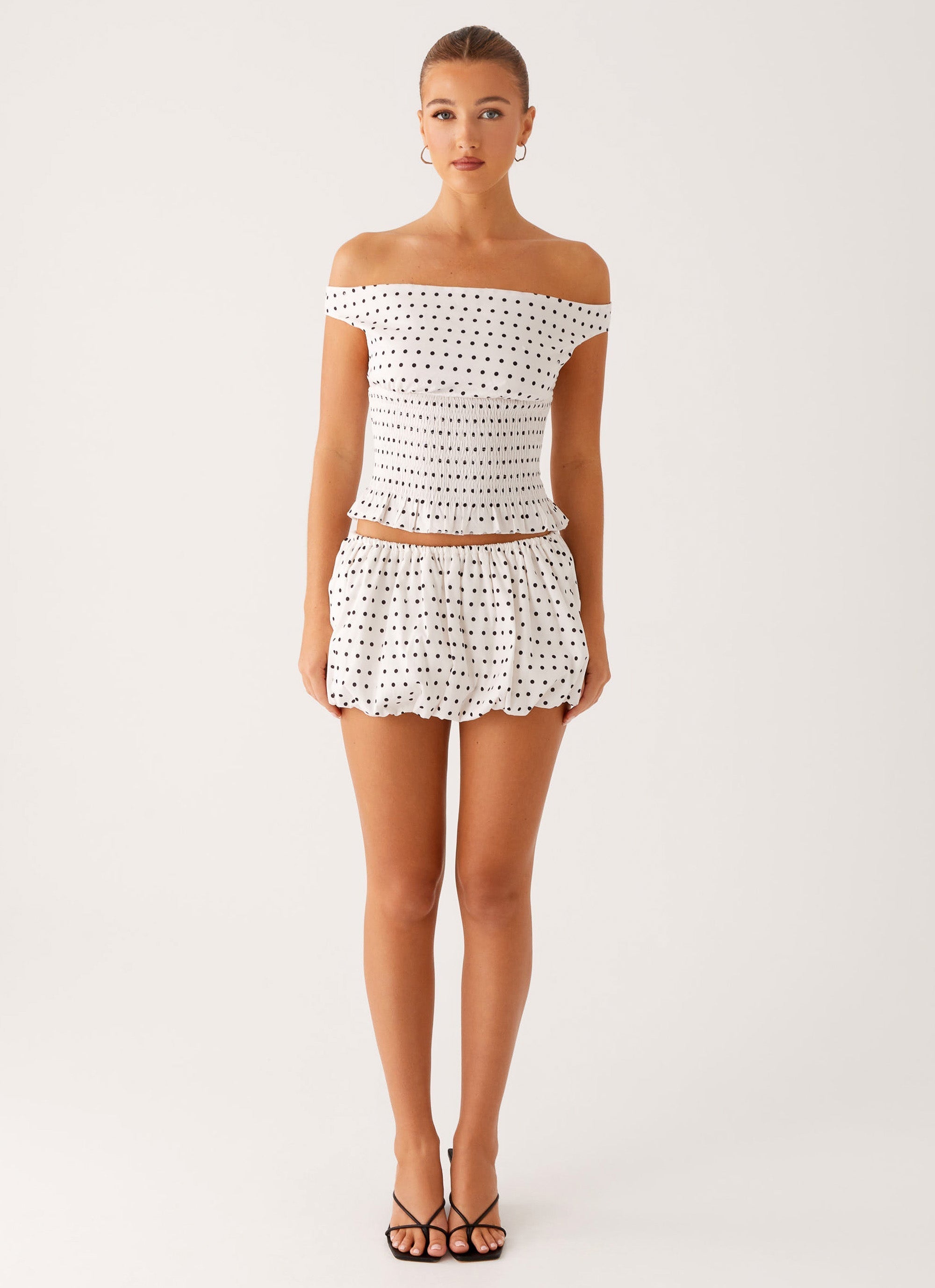 Heather Off Shoulder Top - White Black Polka Dot