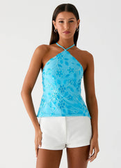 Janelle Beaded Halter Top - Blue