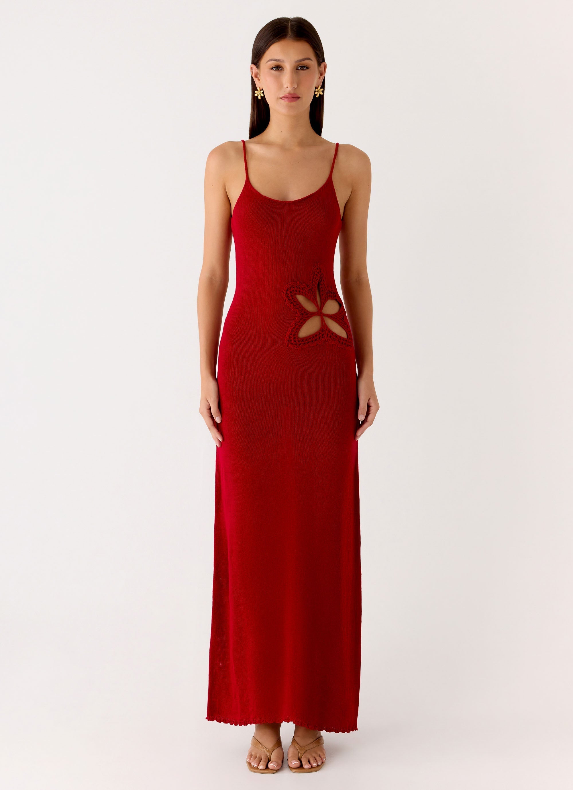 Palm Breeze Flower Crochet Maxi Dress - Burnt Red