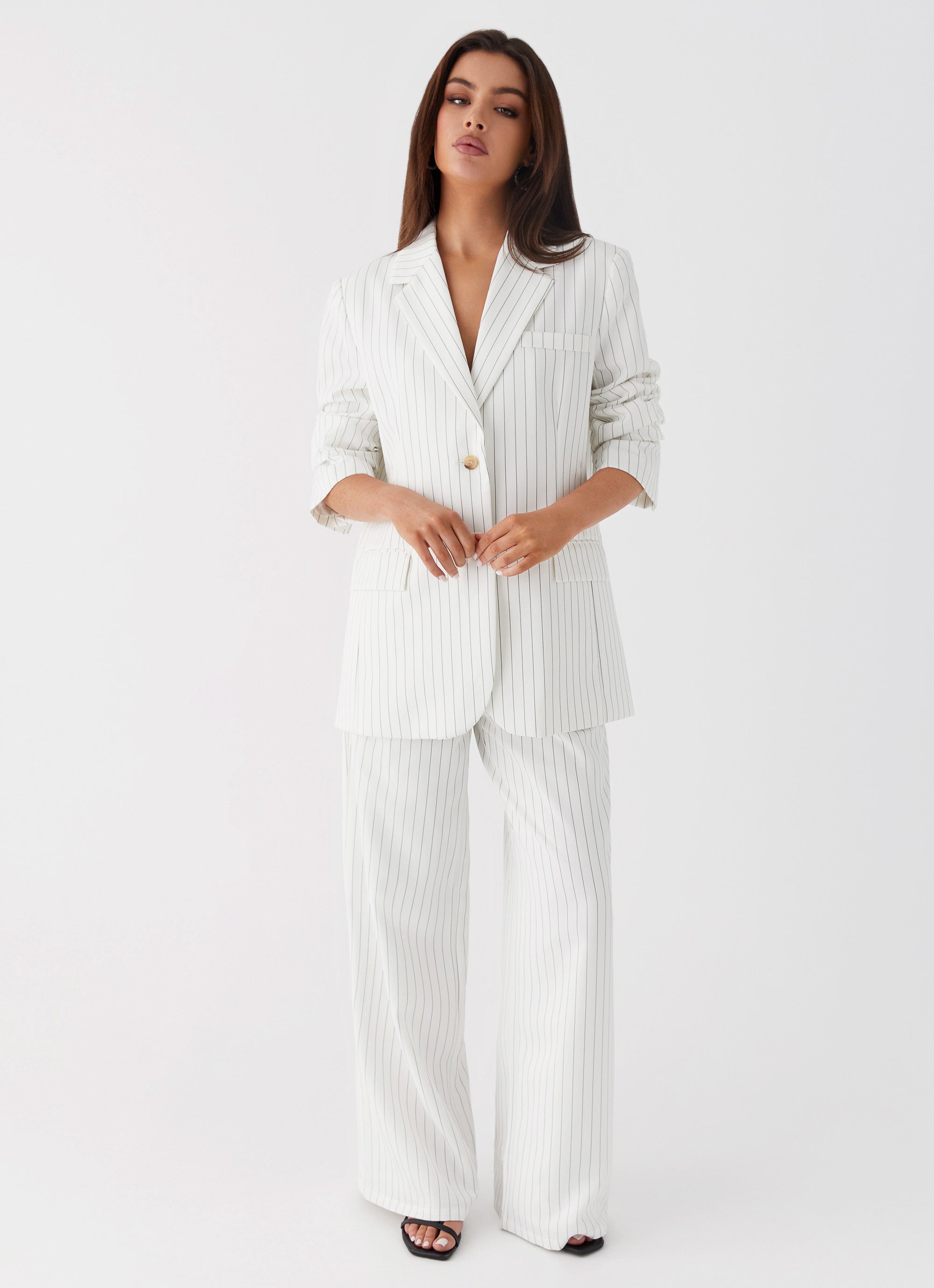 Can't Leave Pinstripe Oversized Blazer - White Pinstripe