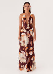 Elysia Chiffon Maxi Dress - Brown Floral