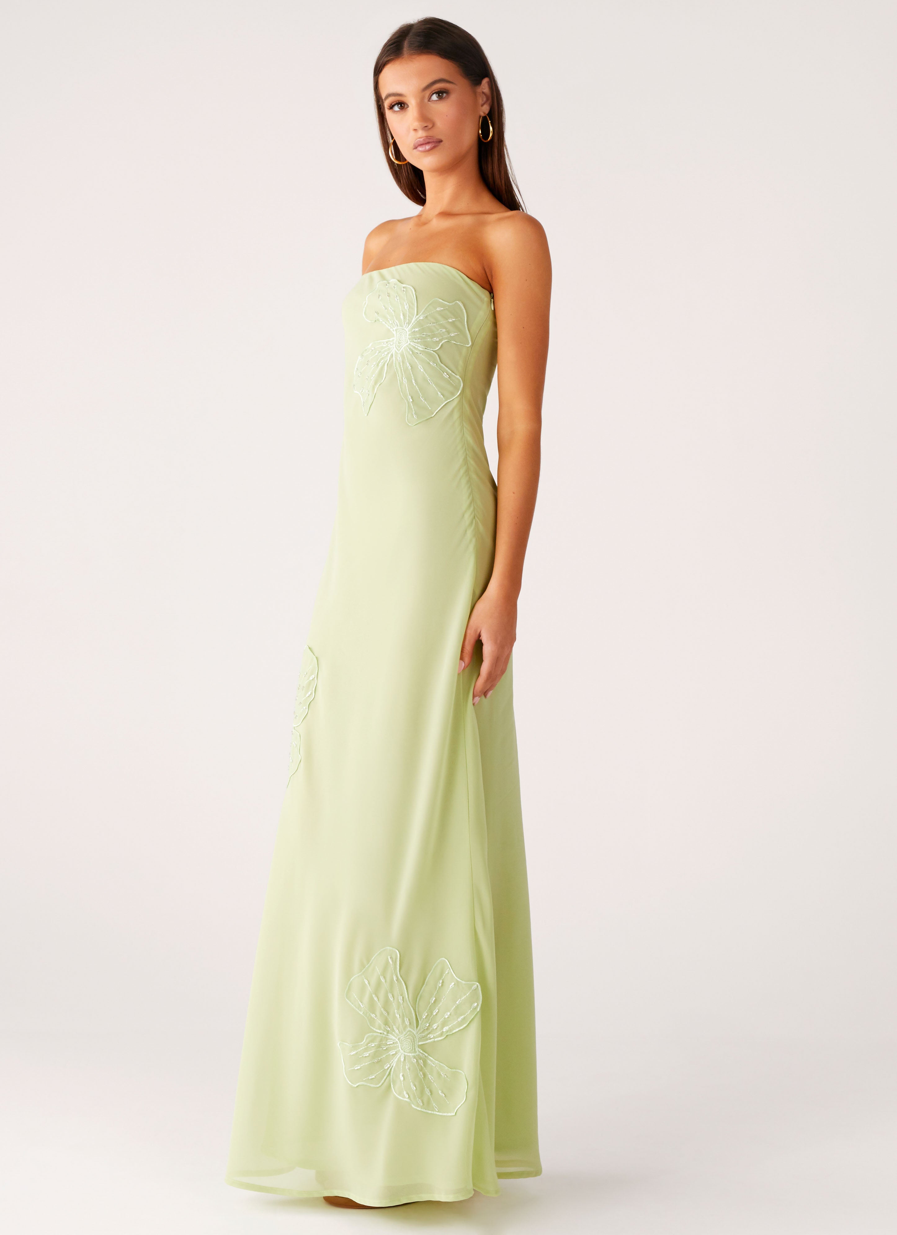 Sassafras Beaded Flower Strapless Maxi Dress - Lime