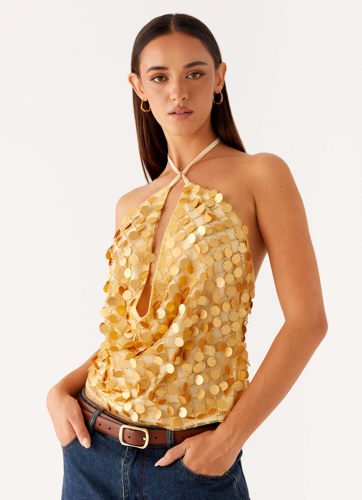Xander Sequin Halter Top - Gold